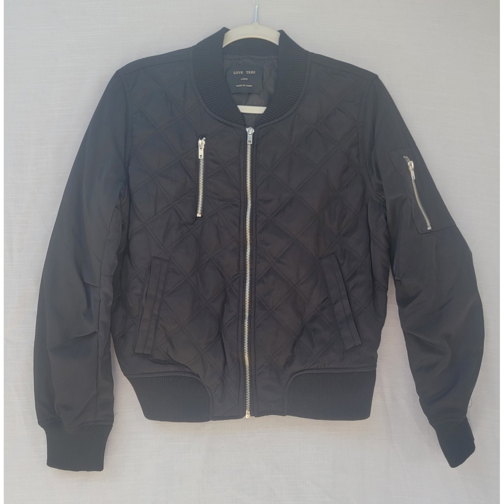 Love Tree Black Quilted Bomber Jacket Womens Large Zip Utility Pocket Outerwear